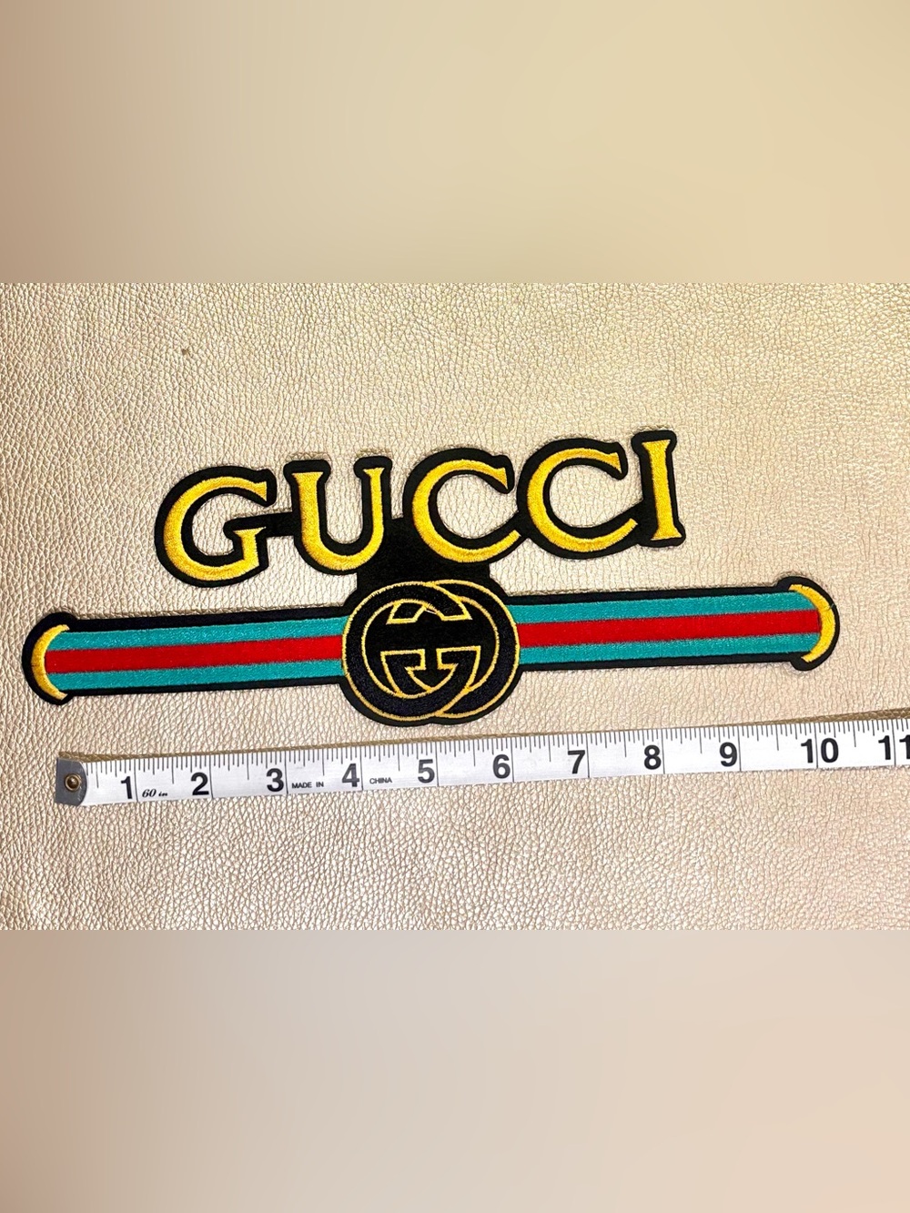 Gucci Gold Logo iron on Patch with Green & Red Stripe